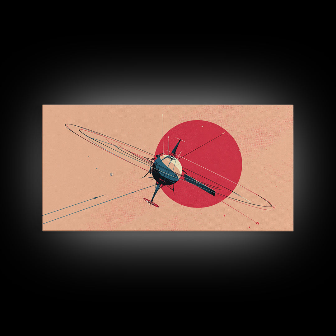 Retro Satellite Orbiting Pink Planet Canvas Print, Midcentury Modern Space Poster, Atomic Sci Fi Wall Art Decor Gift For Him