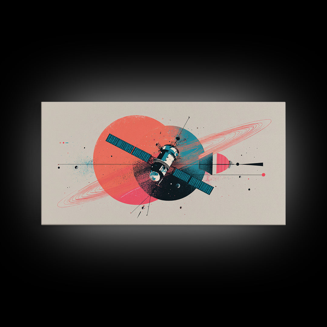 Abstract Satellite And Ringed Planet Wall Art, Midcentury Modern Space Poster, Retro Atomic Print, Modern Home Decor Gift