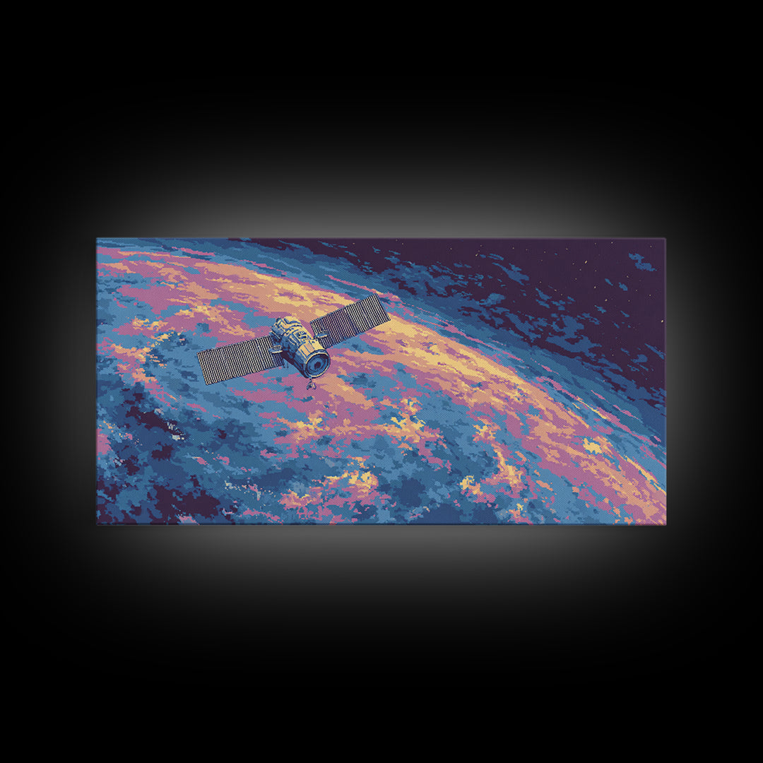 Pixel Satellite Above Colorful Earth Wall Art, Retro Sci Fi Space Poster, Modern Astronaut Decor, Cosmic Digital Art Print