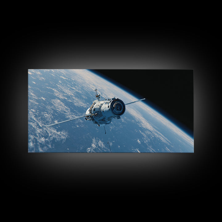 Realistic Spacecraft Orbiting Blue Earth Canvas Print, Modern Space Wall Decor, Satellite Poster, Sci Fi Office Artwork Gift