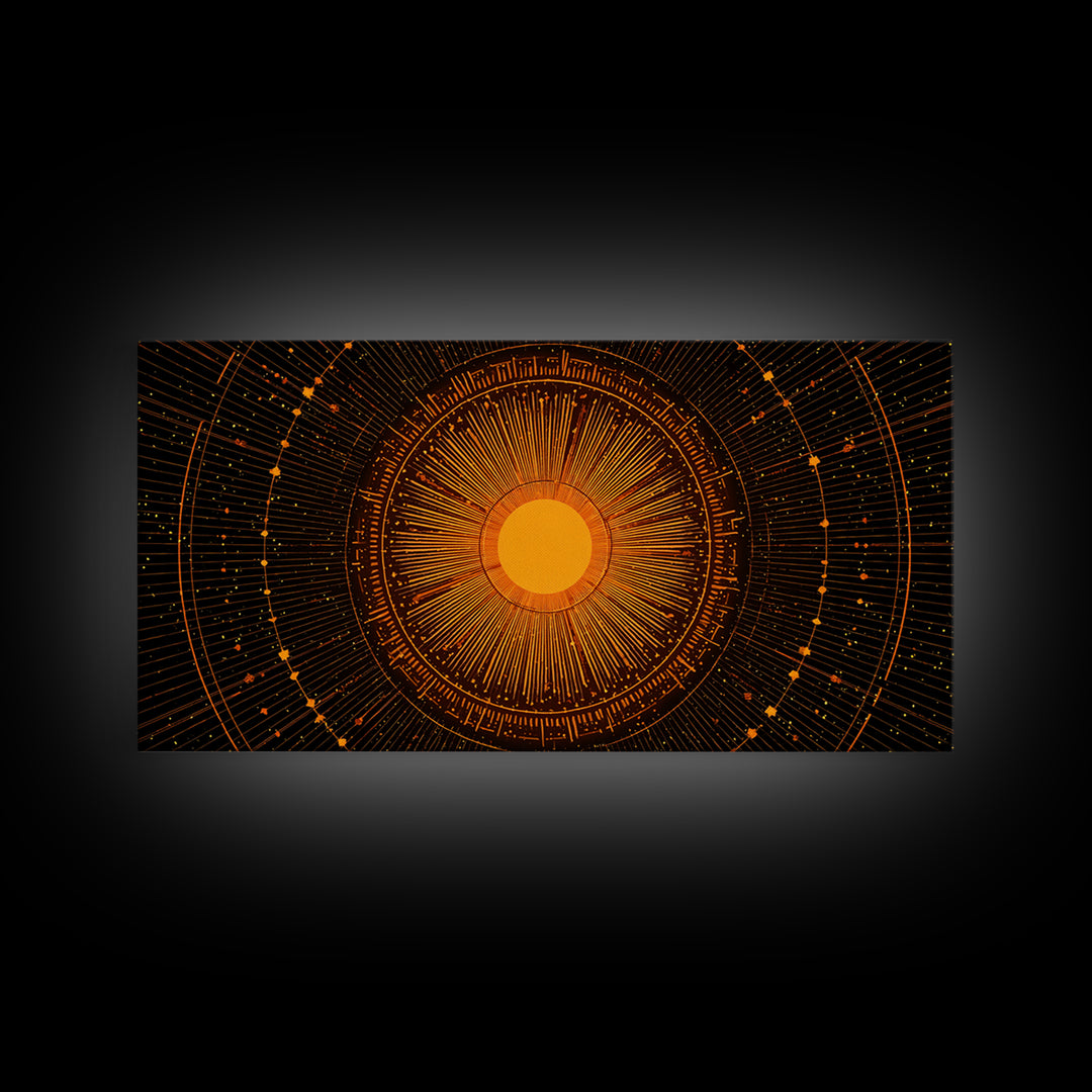 Orange Solar Mandala Interface Wall Art, Retro Sci Fi Circle Poster, Atomic Midcentury Modern Decor, Geometric Sun Print