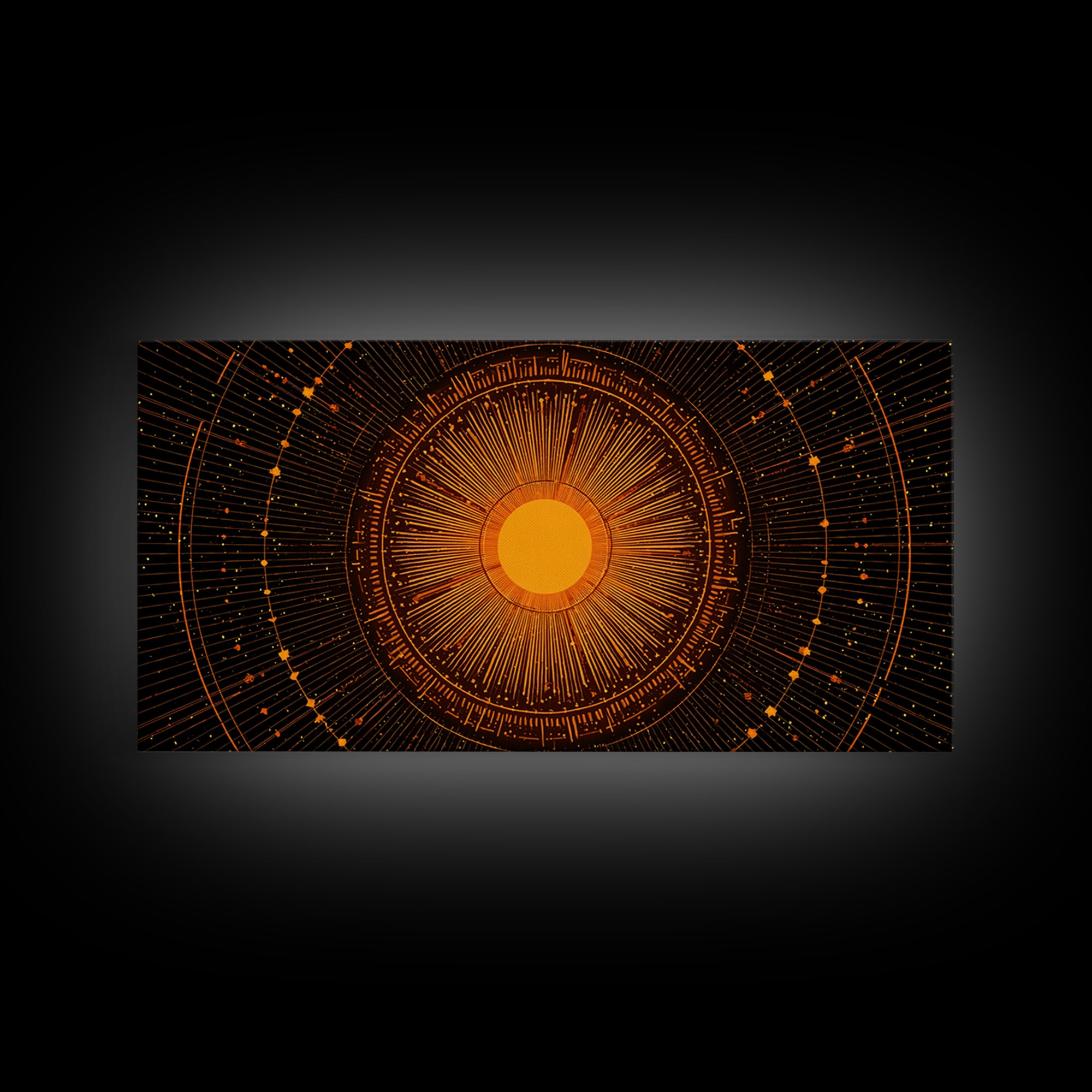 Orange Solar Mandala Interface Wall Art, Retro Sci Fi Circle Poster, Atomic Midcentury Modern Decor, Geometric Sun Print