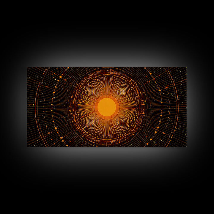 Orange Solar Mandala Interface Wall Art, Retro Sci Fi Circle Poster, Atomic Midcentury Modern Decor, Geometric Sun Print