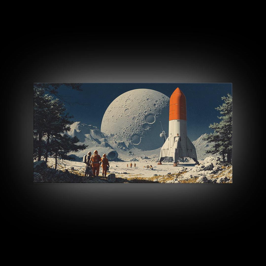 Moon Base Astronauts With Orange Rocket Framed Canvas Print, Retro Space Wall Art, Sci Fi Lunar Landscape Poster Decor Gift