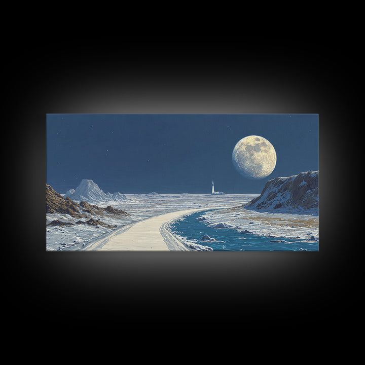 Blue Lunar Coastline With Full Moon Wall Art, Retro Sci Fi Landscape Poster, Space Travel Print, Modern Home Office Decor