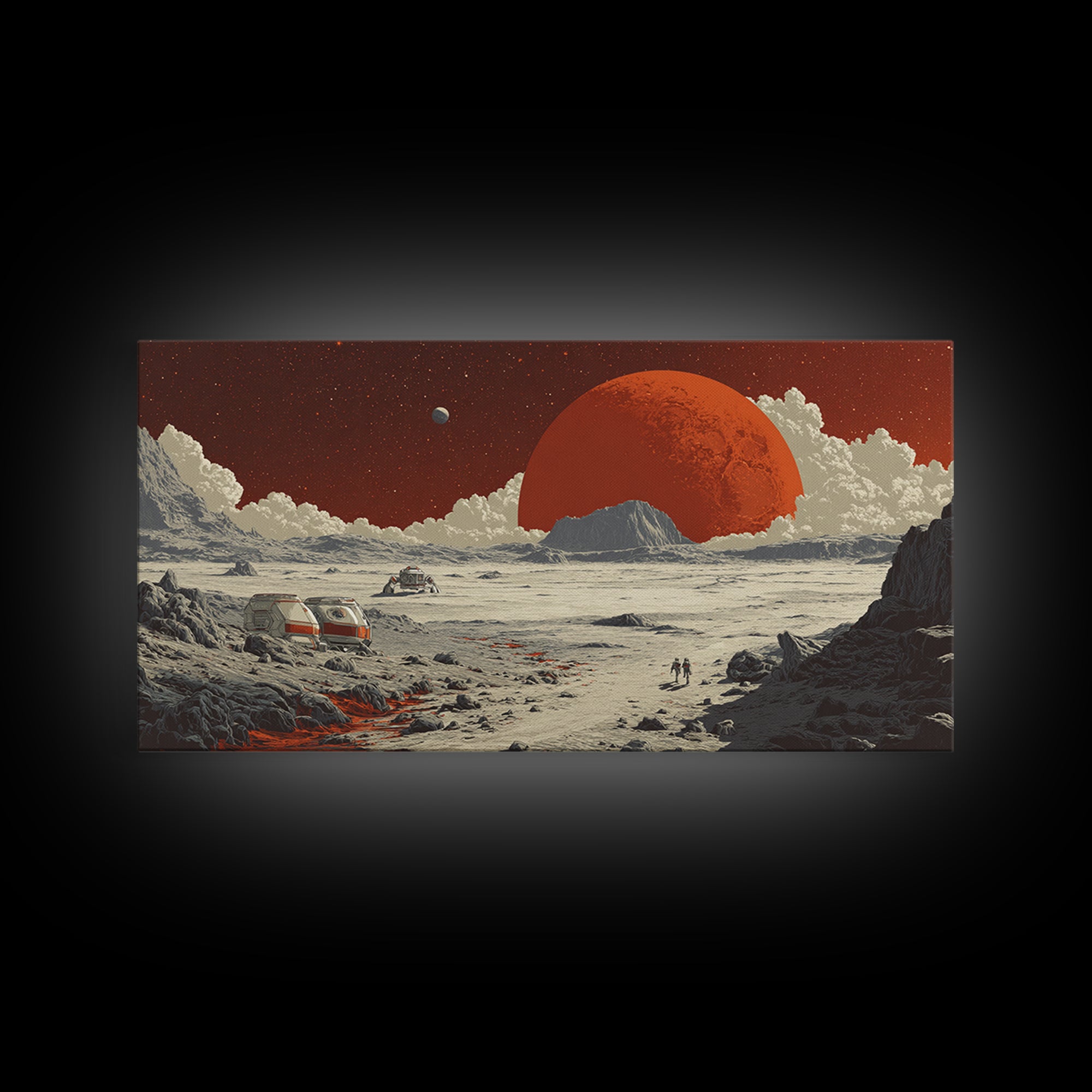 Red Planet Colony With Rovers Canvas Print, Retro Sci Fi Desert Landscape Wall Art, Mars Exploration Poster, Space Decor