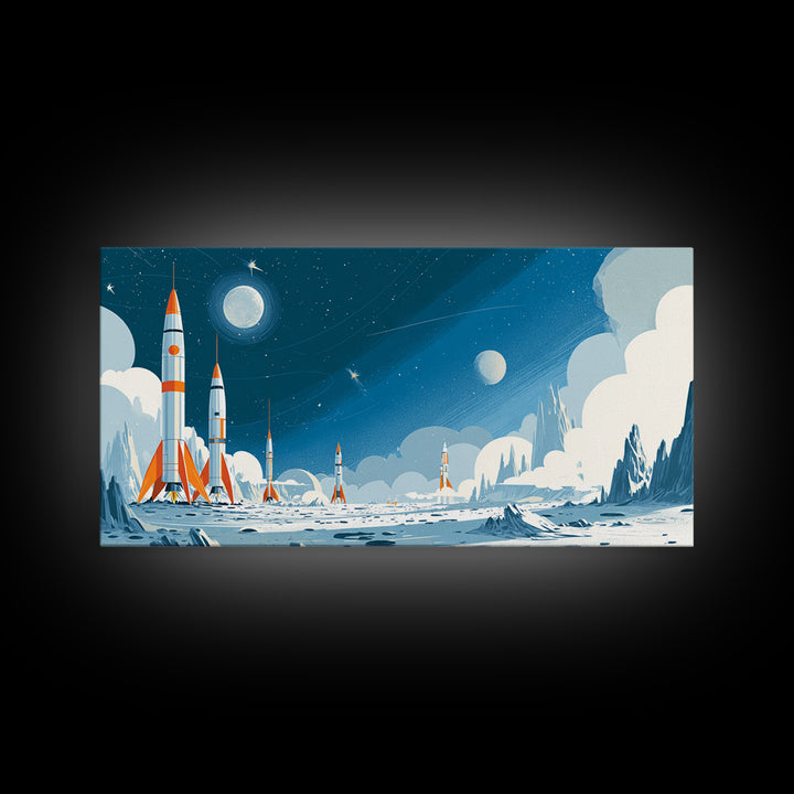 Whimsical Rocket Fleet On Icy Moon Wall Art, Retro Sci Fi Space Poster, Blue Nursery Decor, Midcentury Modern Print Gift