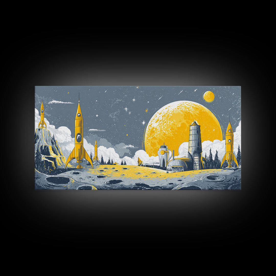 Yellow Lunar Colony With Retro Rockets Canvas Print, Midcentury Modern Space Wall Art, Moon Base Poster, Atomic Home Decor