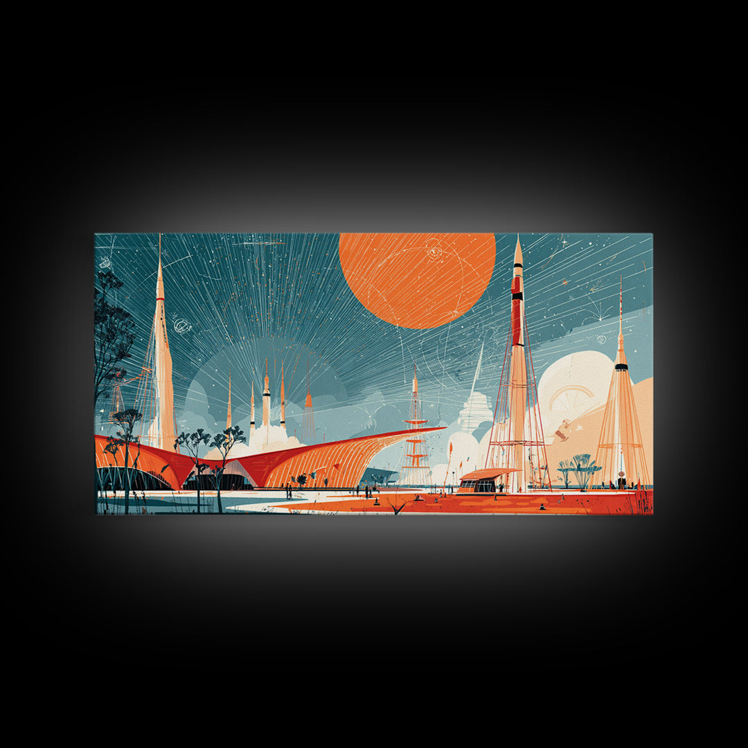 Futuristic Spaceport With Orange Sun Framed Canvas Print, Midcentury Modern Wall Art, Atomic Retro Decor, MCM Poster Gift