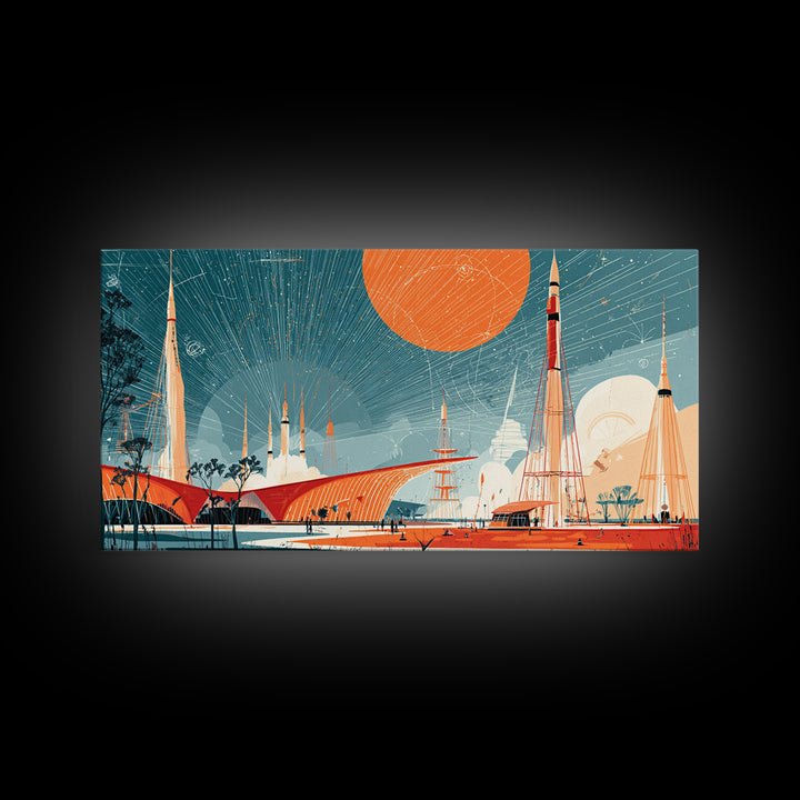 Futuristic Spaceport With Orange Sun Framed Canvas Print, Midcentury Modern Wall Art, Atomic Retro Decor, MCM Poster Gift
