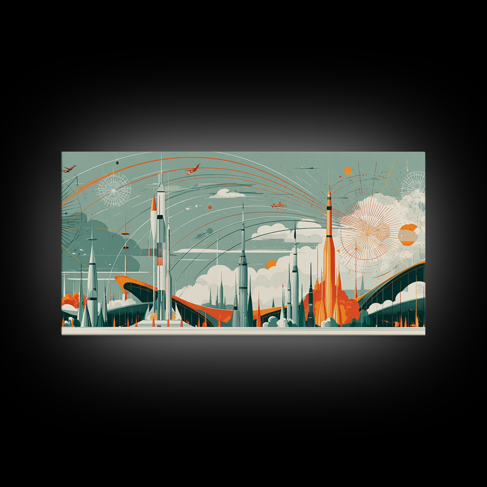 Retro Rocket City With Arcing Skies Canvas Print, Midcentury Modern Wall Art, Space Age Poster, Atomic MCM Home Decor Gift