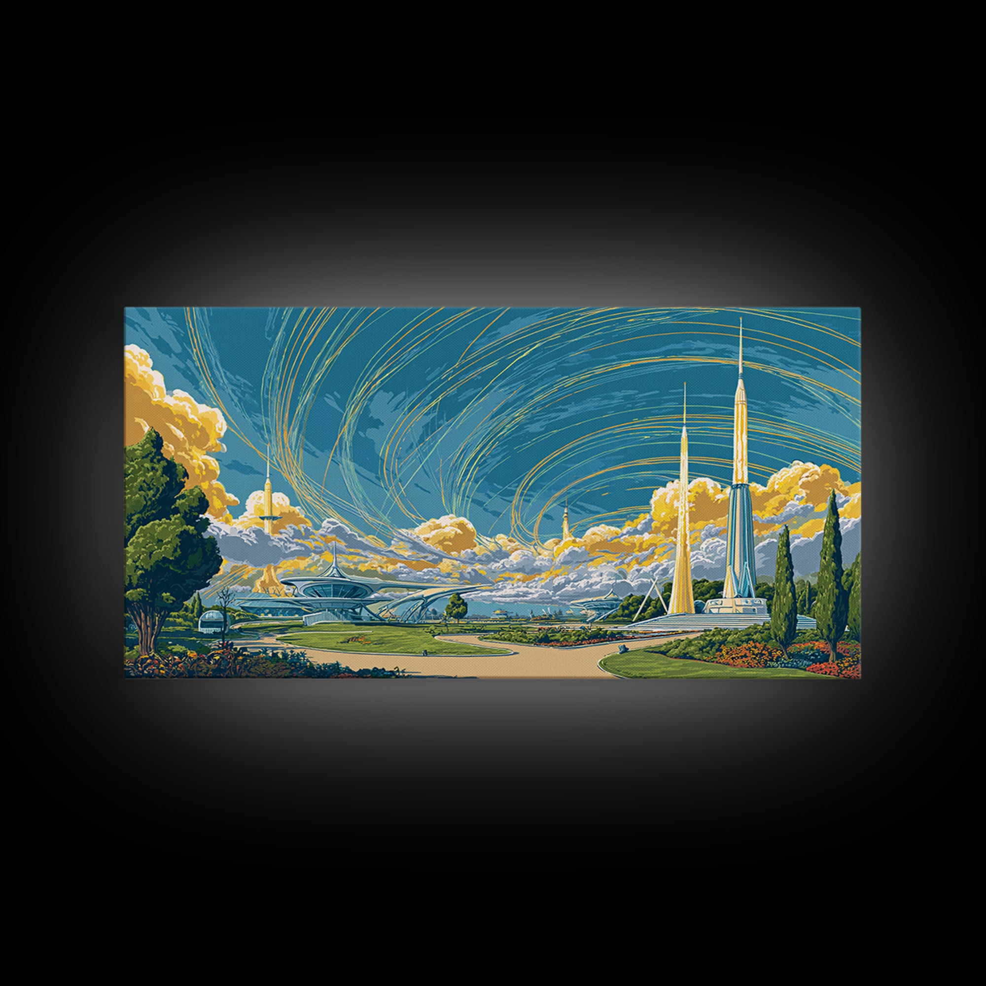 Utopian Spaceport Landscape With Golden Clouds Wall Art, Midcentury Modern Canvas Print, Retro Futurist Poster, MCM Decor
