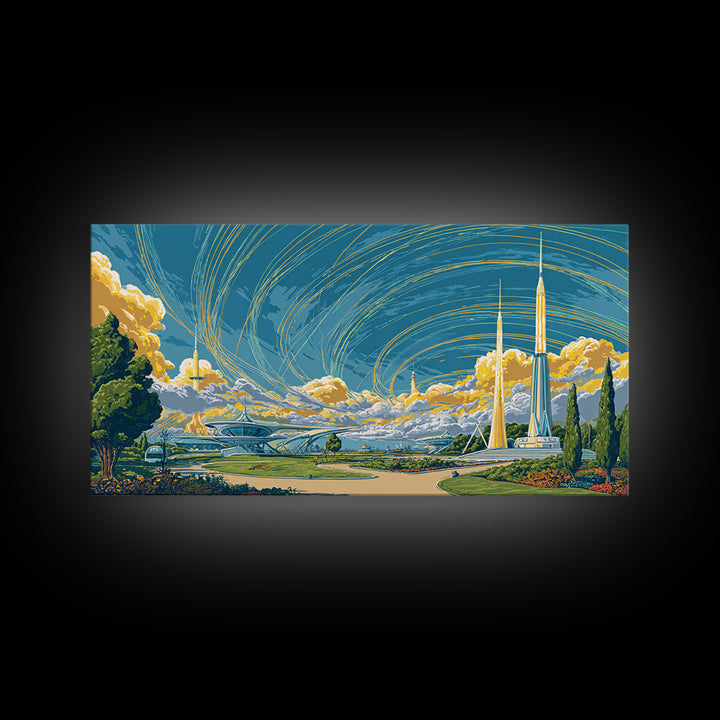Utopian Spaceport Landscape With Golden Clouds Wall Art, Midcentury Modern Canvas Print, Retro Futurist Poster, MCM Decor