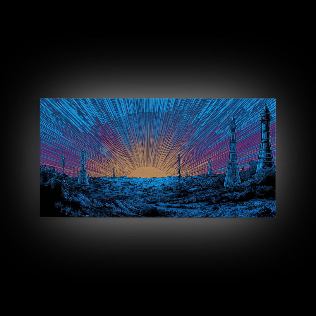 Blue Cosmic Sunrise Over Sci Fi Towers Canvas Print, Midcentury Modern Wall Art, Retro Space Poster, Bold MCM Decor Gift