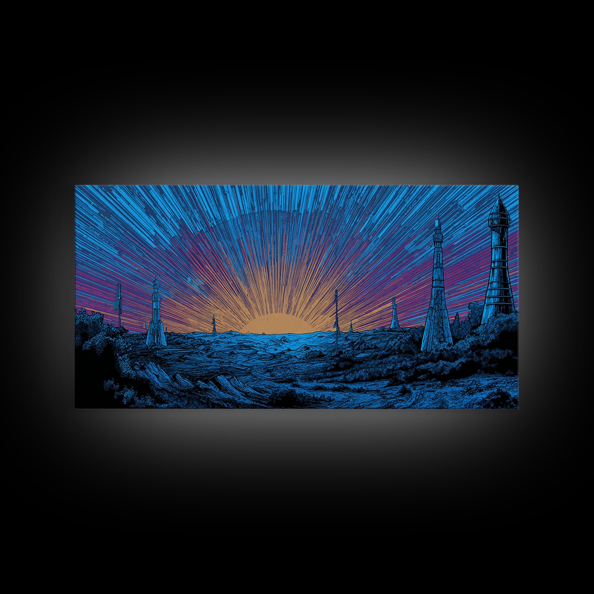 Blue Cosmic Sunrise Over Sci Fi Towers Canvas Print, Midcentury Modern Wall Art, Retro Space Poster, Bold MCM Decor Gift