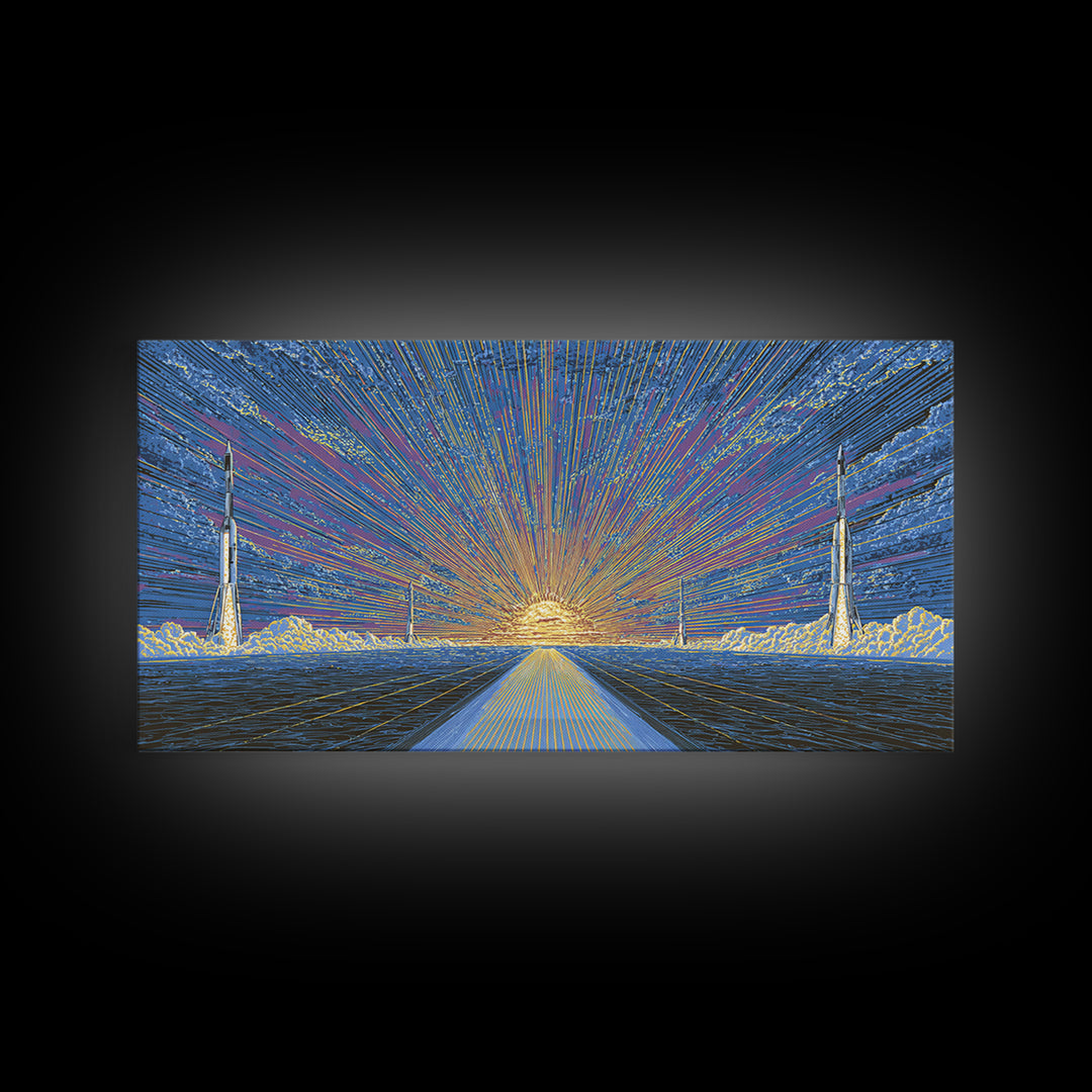 Radiant Rocket Road At Spaceport Sunrise Wall Art, Midcentury Modern Canvas Print, Retro Futurist Poster, MCM Home Decor