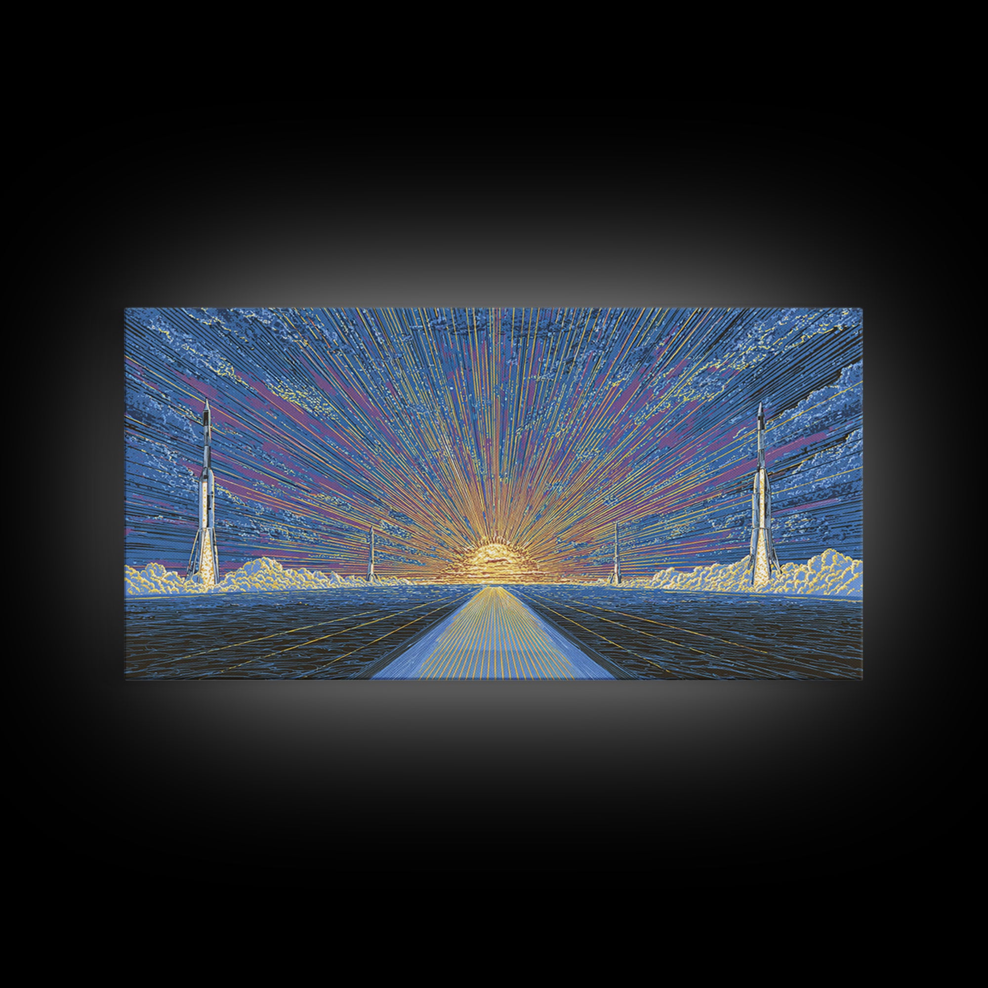 Radiant Rocket Road At Spaceport Sunrise Wall Art, Midcentury Modern Canvas Print, Retro Futurist Poster, MCM Home Decor