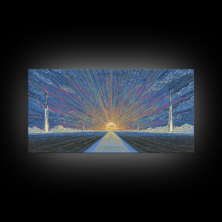 Radiant Rocket Road At Spaceport Sunrise Wall Art, Midcentury Modern Canvas Print, Retro Futurist Poster, MCM Home Decor
