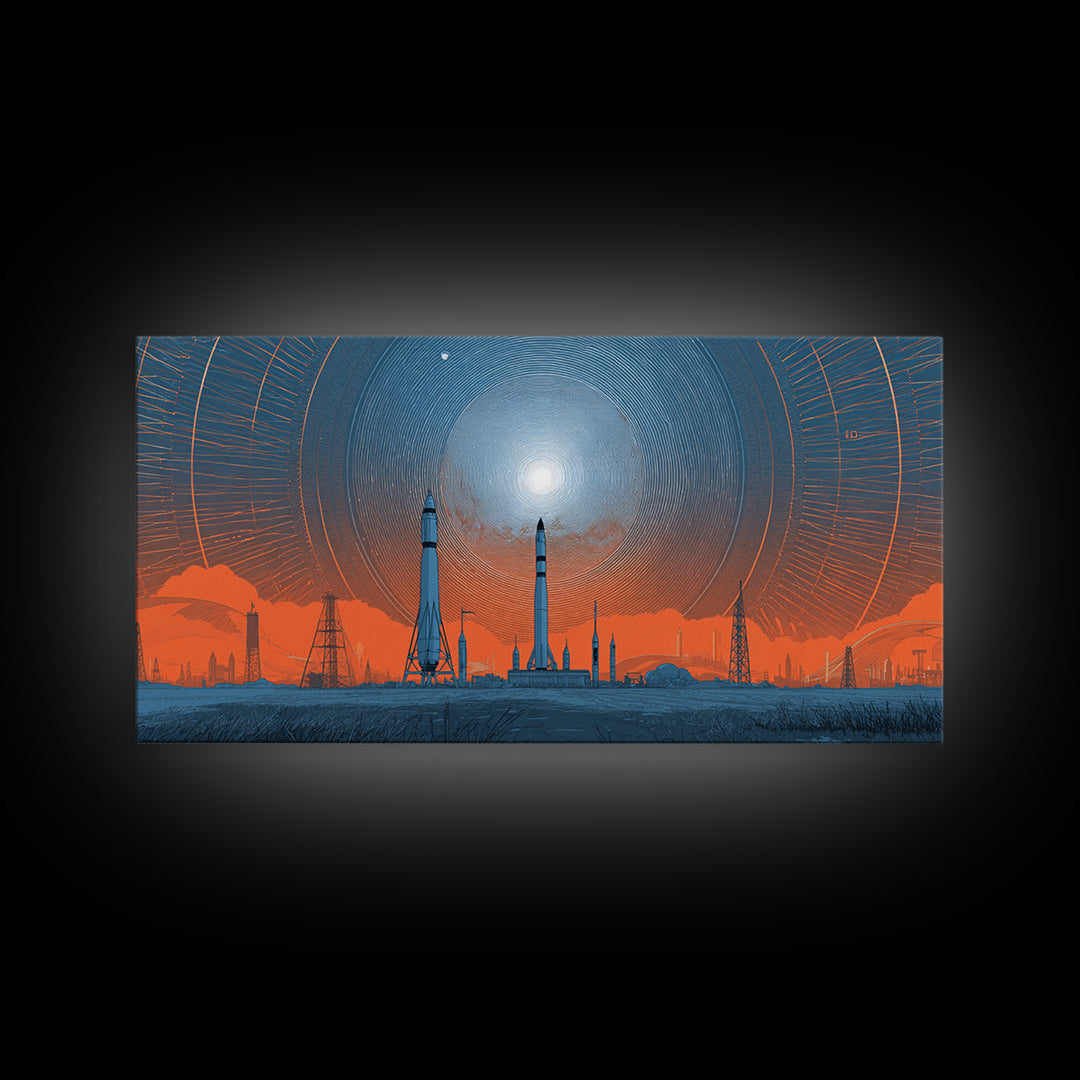 Orange Spaceport Skyline With Radiant Sun Wall Art, Midcentury Modern Canvas Print, Retro Futurist Poster, Industrial MCM Decor