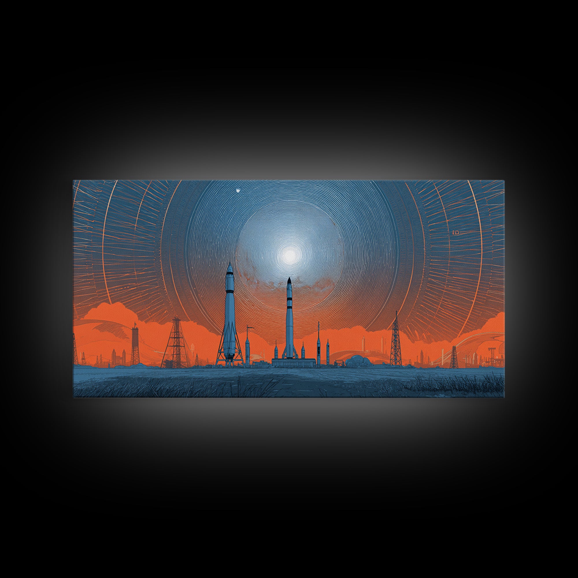 Orange Spaceport Skyline With Radiant Sun Wall Art, Midcentury Modern Canvas Print, Retro Futurist Poster, Industrial MCM Decor