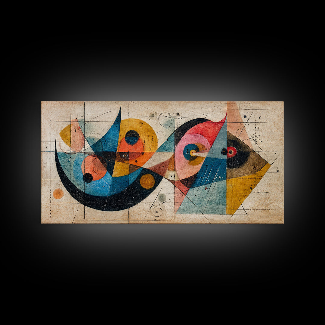 Abstract Bauhaus Fish Shapes In Teal Yellow Pink Wall Art, Midcentury Modern Canvas Print, Geometric Retro Decor, MCM Poster