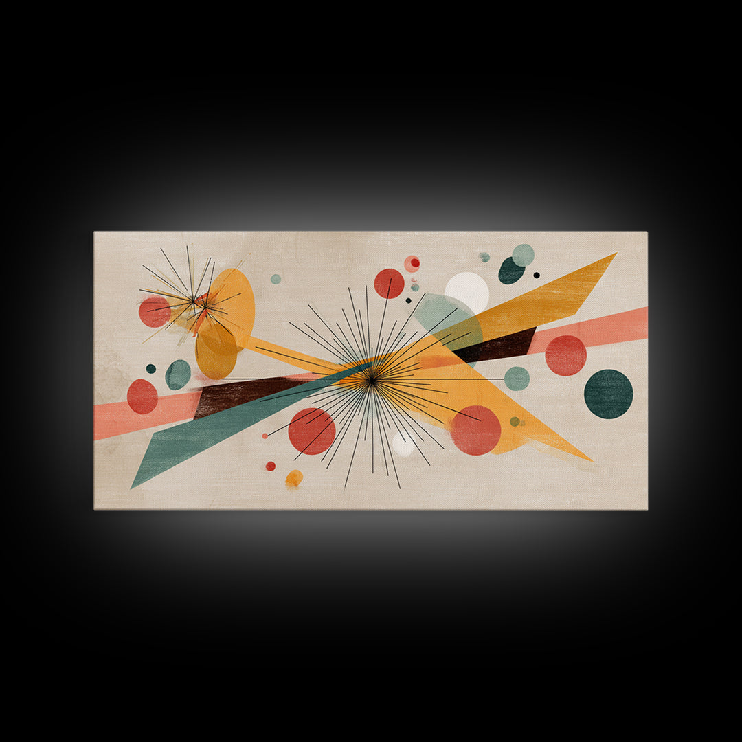 Atomic Starbursts With Teal Gold Shapes Wall Art, Midcentury Modern, Abstract Geometric Poster, Retro MCM Living Room Decor