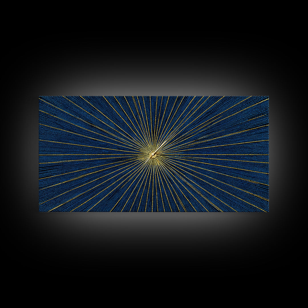 Blue Gold Radiating Op Art Wall Art, Midcentury Modern, Geometric Abstract Print, Atomic Sunburst, Modern Wall Decor, Living Room Art
