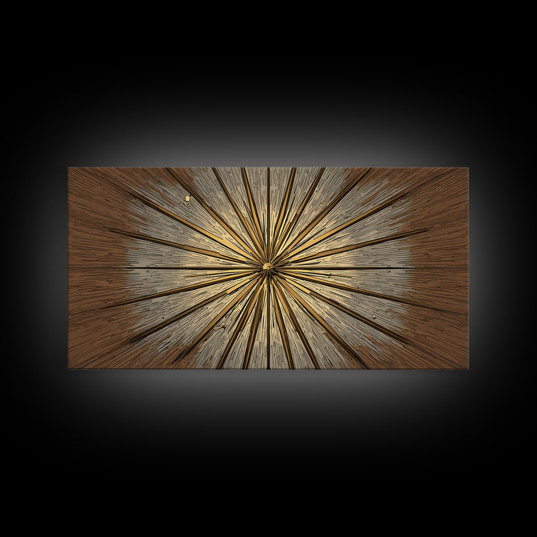 Brown Gold Woodgrain Sunburst Framed Canvas Print, Midcentury Modern Art, Neutral Wall Decor, Geometric Abstract Poster Art