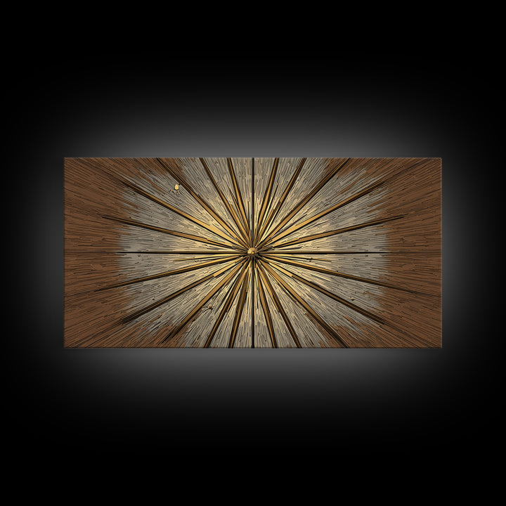 Brown Gold Woodgrain Sunburst Framed Canvas Print, Midcentury Modern Art, Neutral Wall Decor, Geometric Abstract Poster Art
