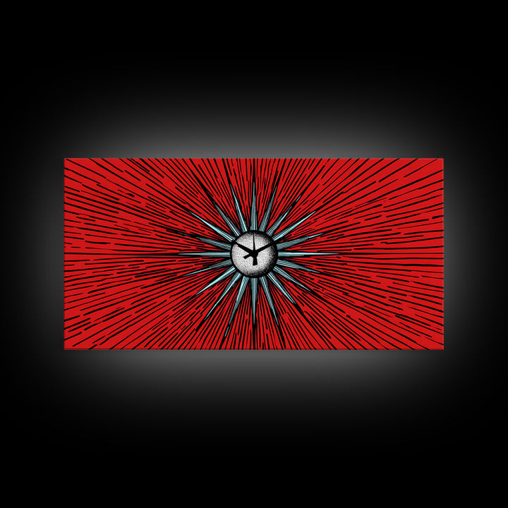 Red Atomic Starburst Clock Wall Art, Mid Century Modern Decor, Retro Sci Fi Poster, MCM Abstract Print, Bold Office Decor