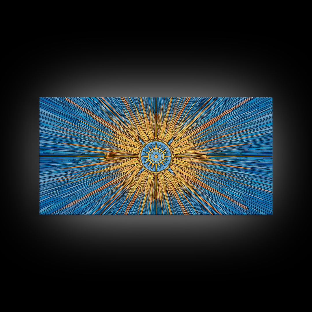 Blue Gold Solar Compass Canvas Print, Mid Century Modern Wall Decor, Atomic Sunburst Poster, Celestial Abstract Art, Office Decor