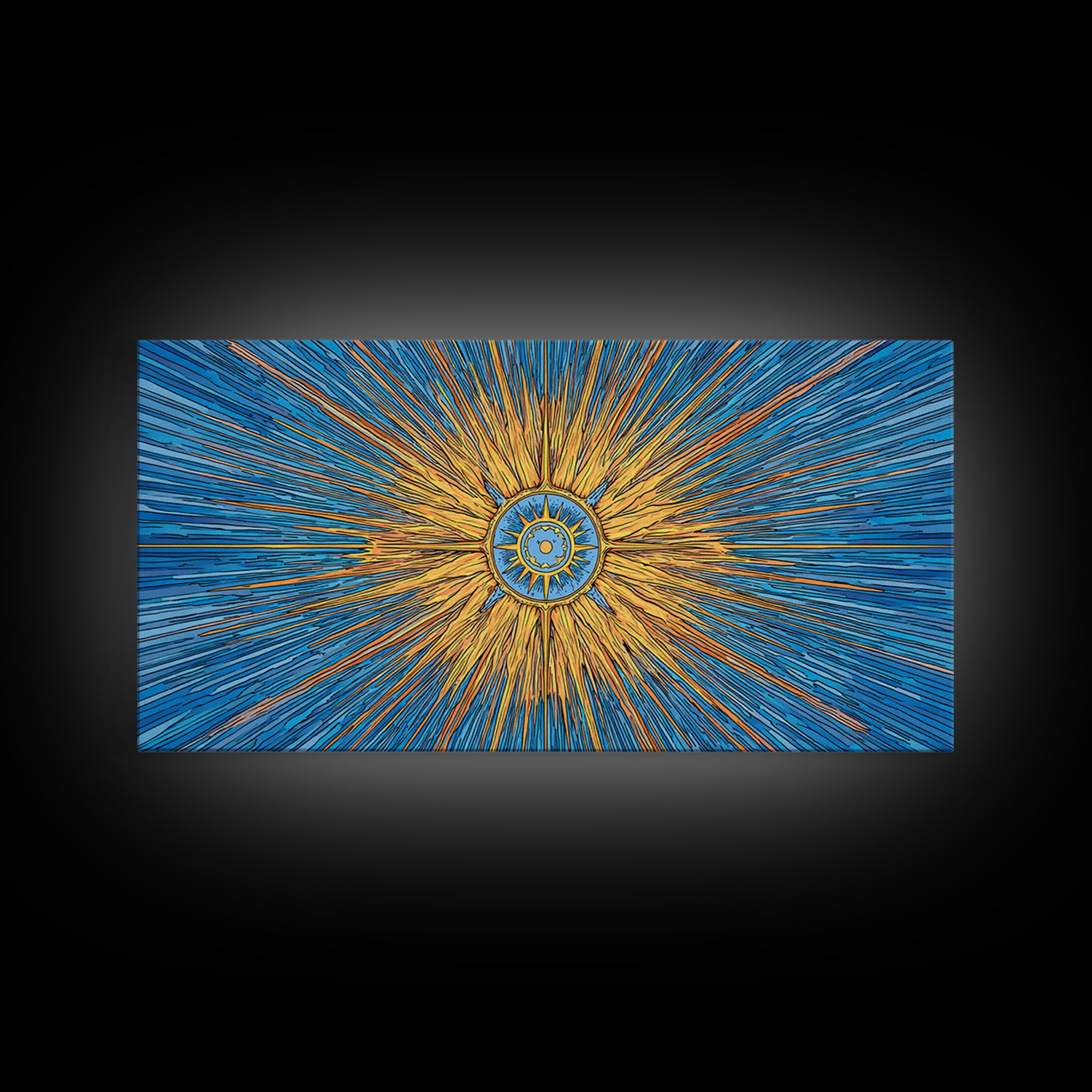 Blue Gold Solar Compass Canvas Print, Mid Century Modern Wall Decor, Atomic Sunburst Poster, Celestial Abstract Art, Office Decor