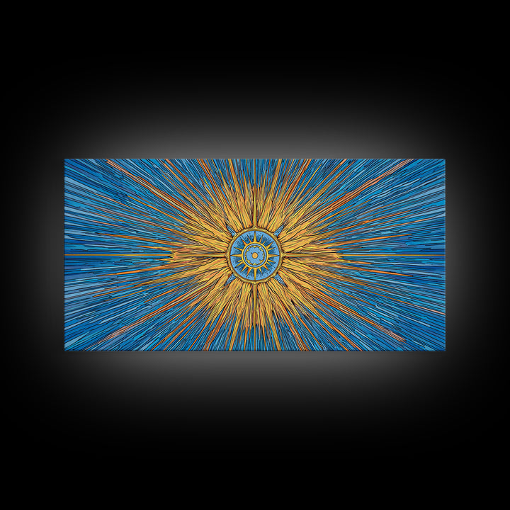 Blue Gold Solar Compass Canvas Print, Mid Century Modern Wall Decor, Atomic Sunburst Poster, Celestial Abstract Art, Office Decor