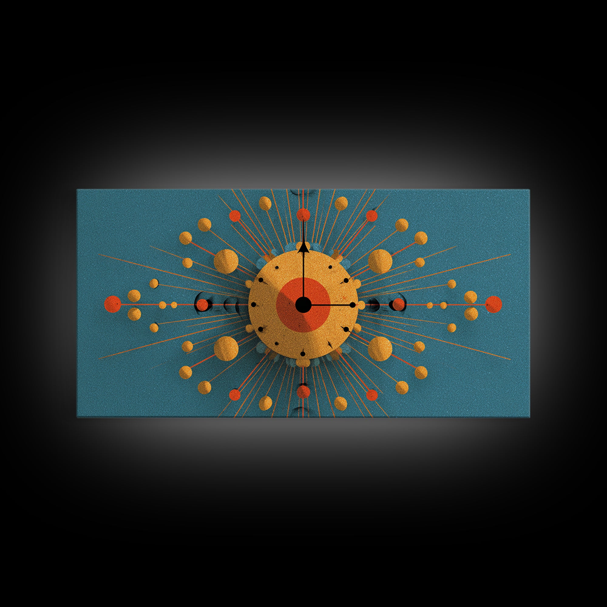 Teal Gold Atomic Clock Framed Canvas Print, Mid Century Modern Wall Art, Retro Space Age Poster, MCM Geometric Office Decor