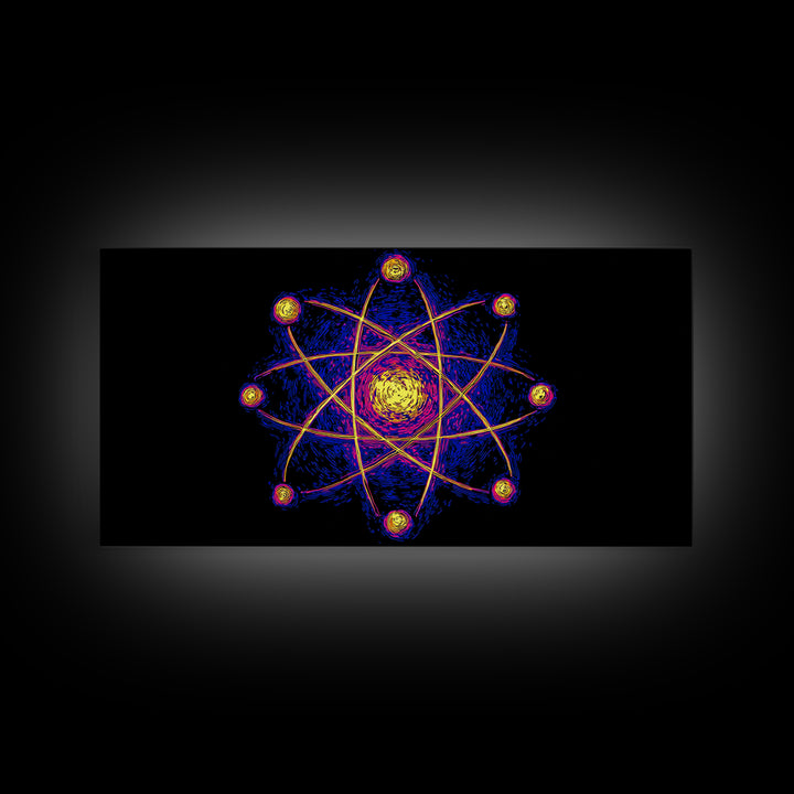 Neon Planet Atomic Canvas Print, Mid Century Modern Wall Art, Retro Sci Fi Space Poster, Cosmic Abstract MCM Office Decor