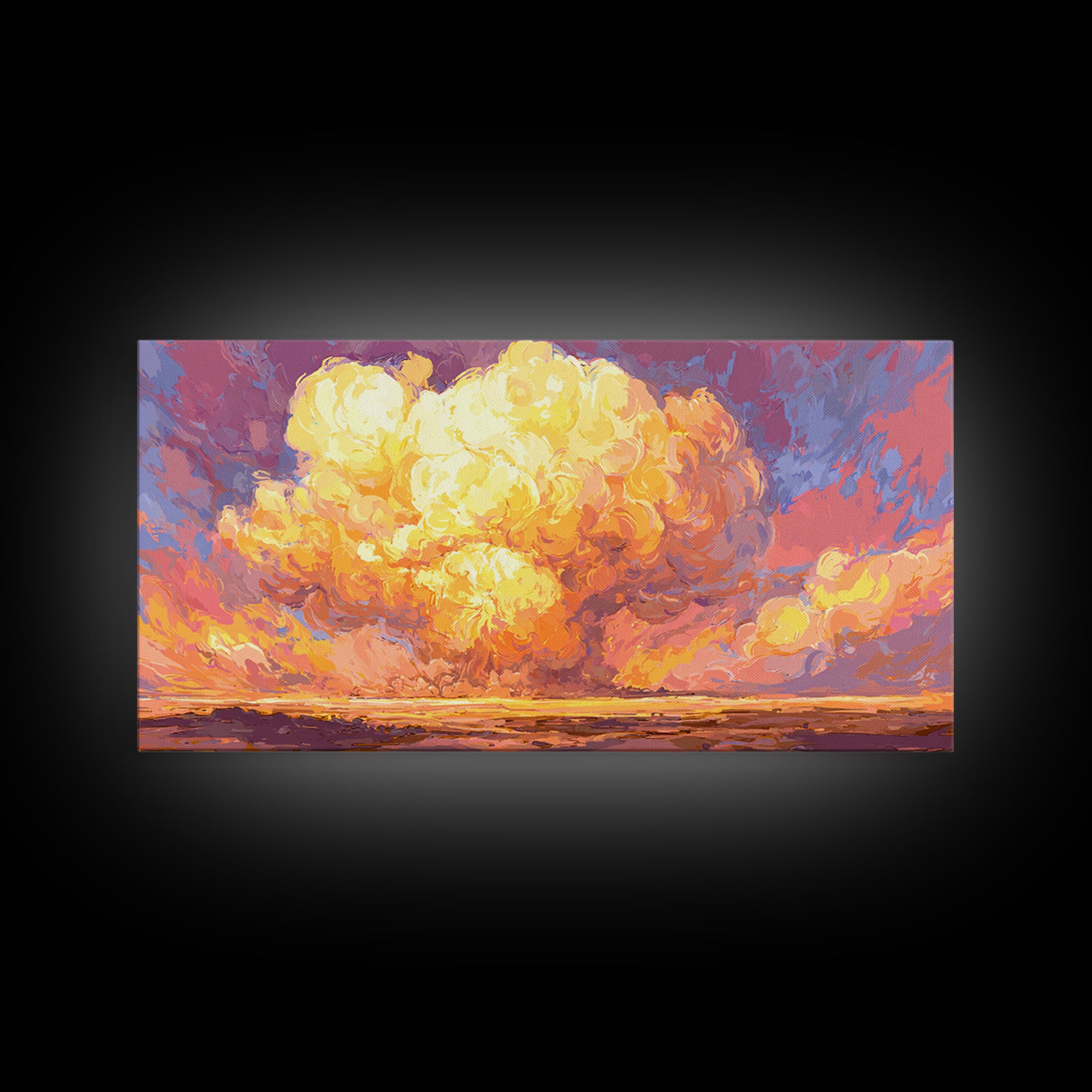 Glowing Desert Explosion Canvas Print, Retro Apocalypse Wall Art, Colorful Modern Art Poster, Dramatic Sunset Living Room Decor