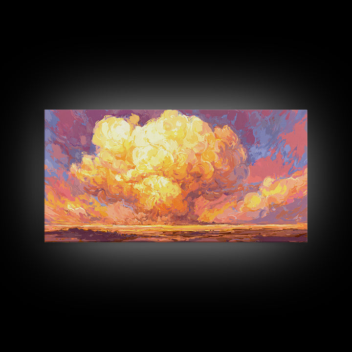 Glowing Desert Explosion Canvas Print, Retro Apocalypse Wall Art, Colorful Modern Art Poster, Dramatic Sunset Living Room Decor