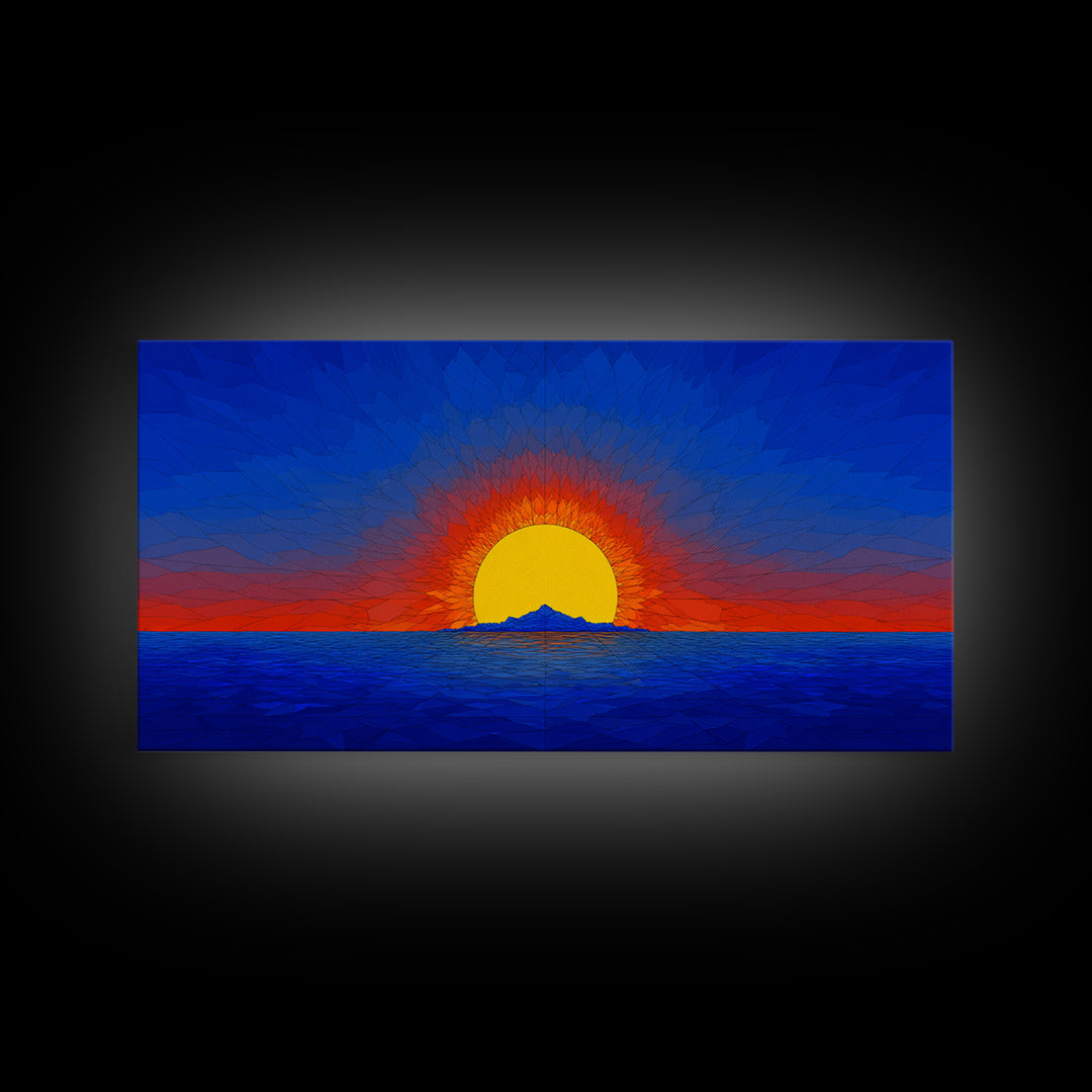 Geometric Ocean Sunset Wall Art, Mid Century Modern Landscape, Retro Sun Poster, Blue Orange Canvas Print For Coastal Decor