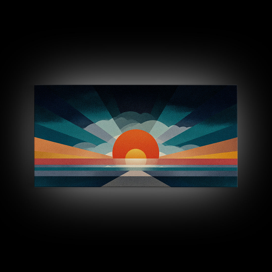 Retro Radiant Sunrise Wall Art, Mid Century Modern Geometric Poster, Abstract Desert Sun Canvas Print, Colorful Home Decor