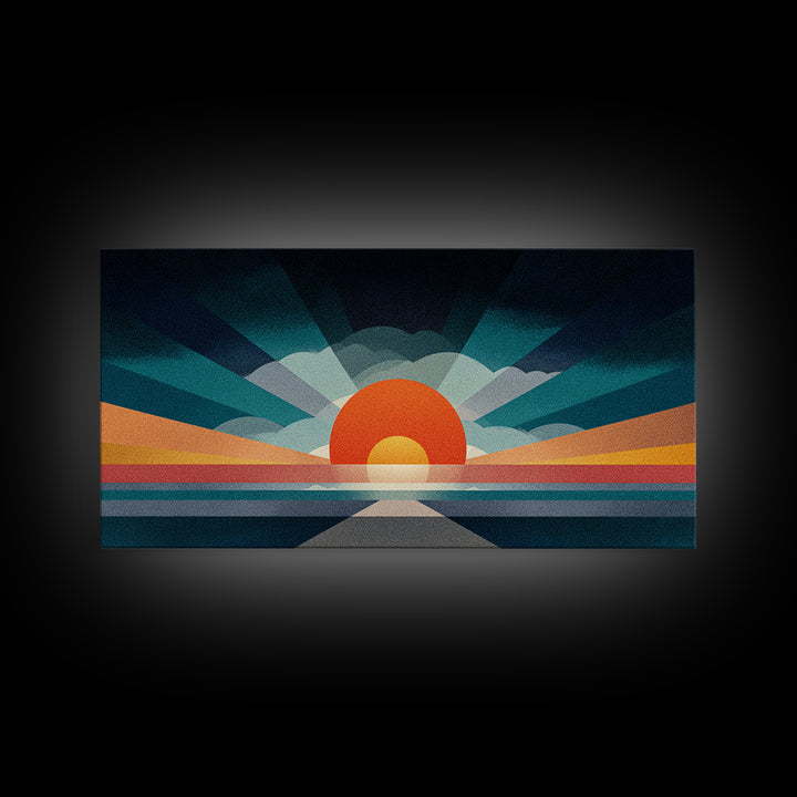 Retro Radiant Sunrise Wall Art, Mid Century Modern Geometric Poster, Abstract Desert Sun Canvas Print, Colorful Home Decor