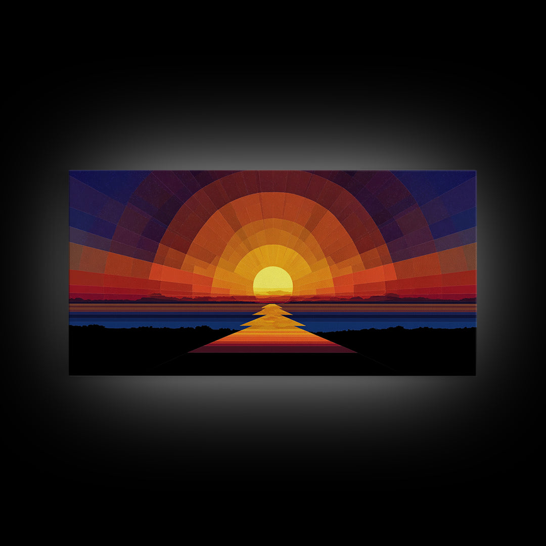 Geometric Sunset Over Ocean Path Wall Art, Mid Century Modern Abstract, Retro Sun Poster, Colorful Living Room Decor Print
