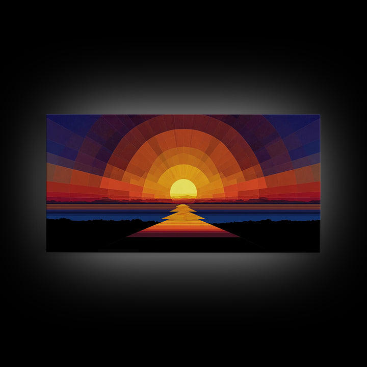 Geometric Sunset Over Ocean Path Wall Art, Mid Century Modern Abstract, Retro Sun Poster, Colorful Living Room Decor Print