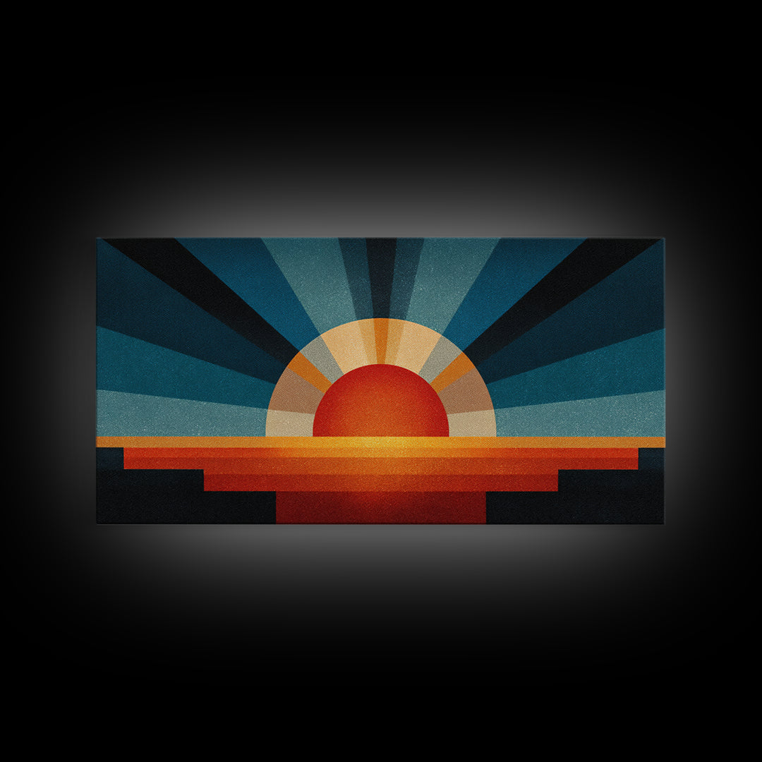 Textured Sun Rising Over Horizon Canvas Print, Mid Century Modern Abstract, Retro Wall Decor, Orange Blue Living Room Art