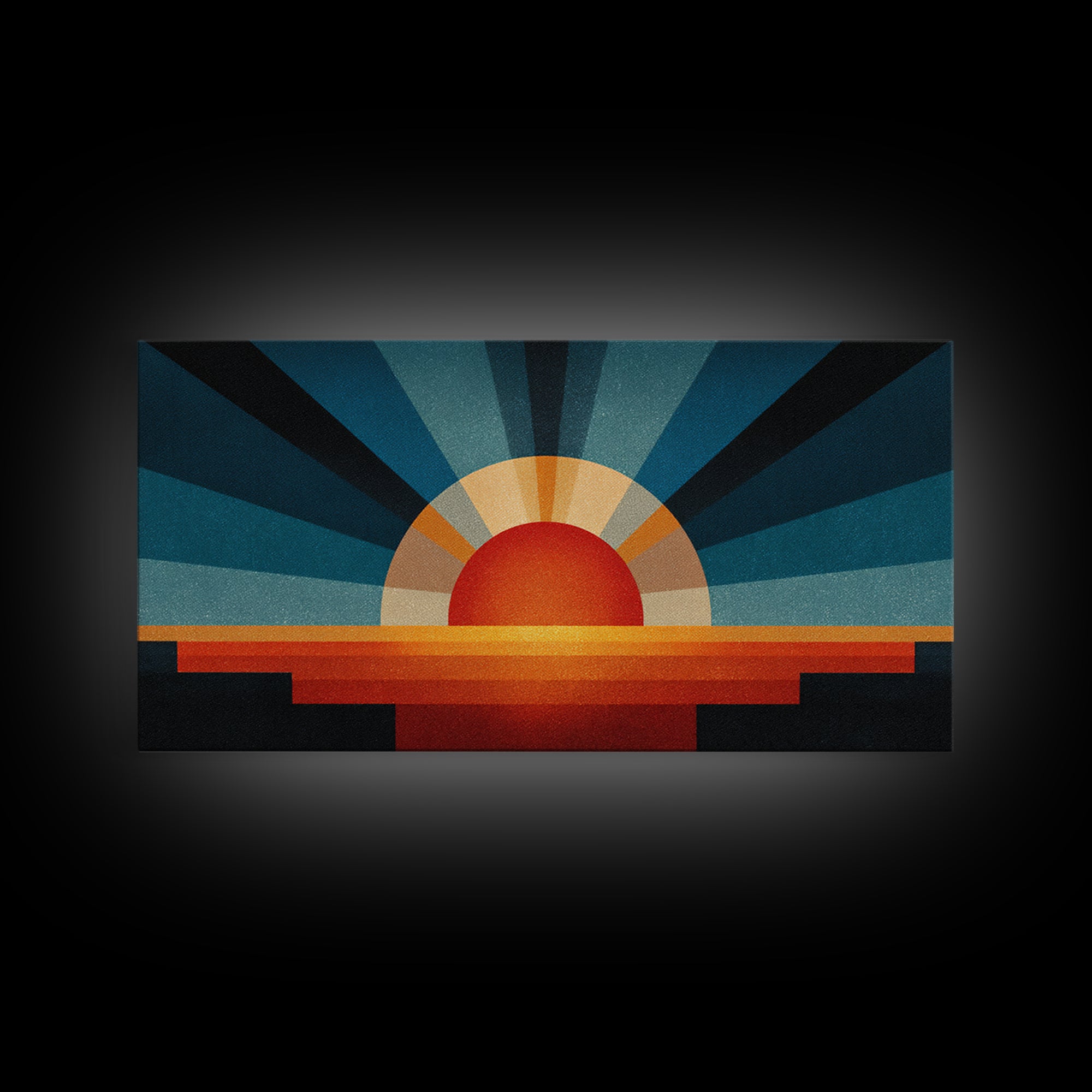 Textured Sun Rising Over Horizon Canvas Print, Mid Century Modern Abstract, Retro Wall Decor, Orange Blue Living Room Art
