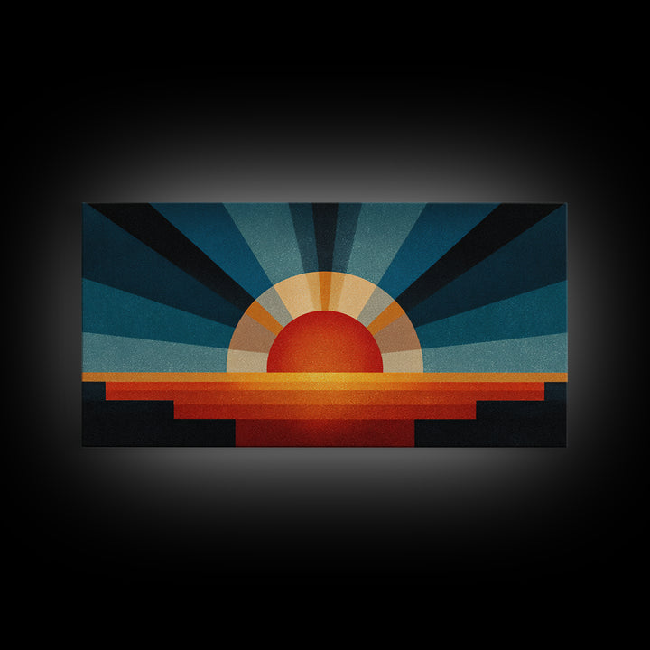 Textured Sun Rising Over Horizon Canvas Print, Mid Century Modern Abstract, Retro Wall Decor, Orange Blue Living Room Art