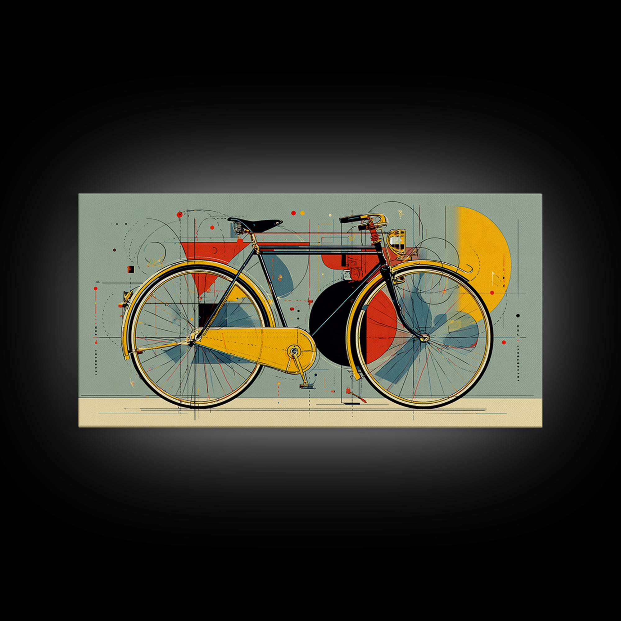 Classic City Bicycle With Abstract Circles Framed Canvas Print, Mid Century Modern Wall Art, Retro Bike Poster, Studio Decor