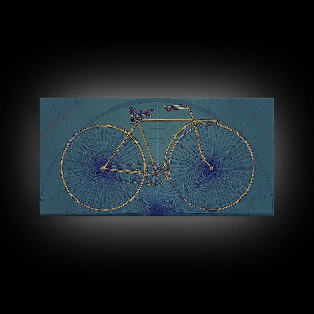 Technical Line Drawing Bicycle On Blue Framed Canvas Print, Mid Century Modern Art, Retro Cycling Poster, Home Office Decor