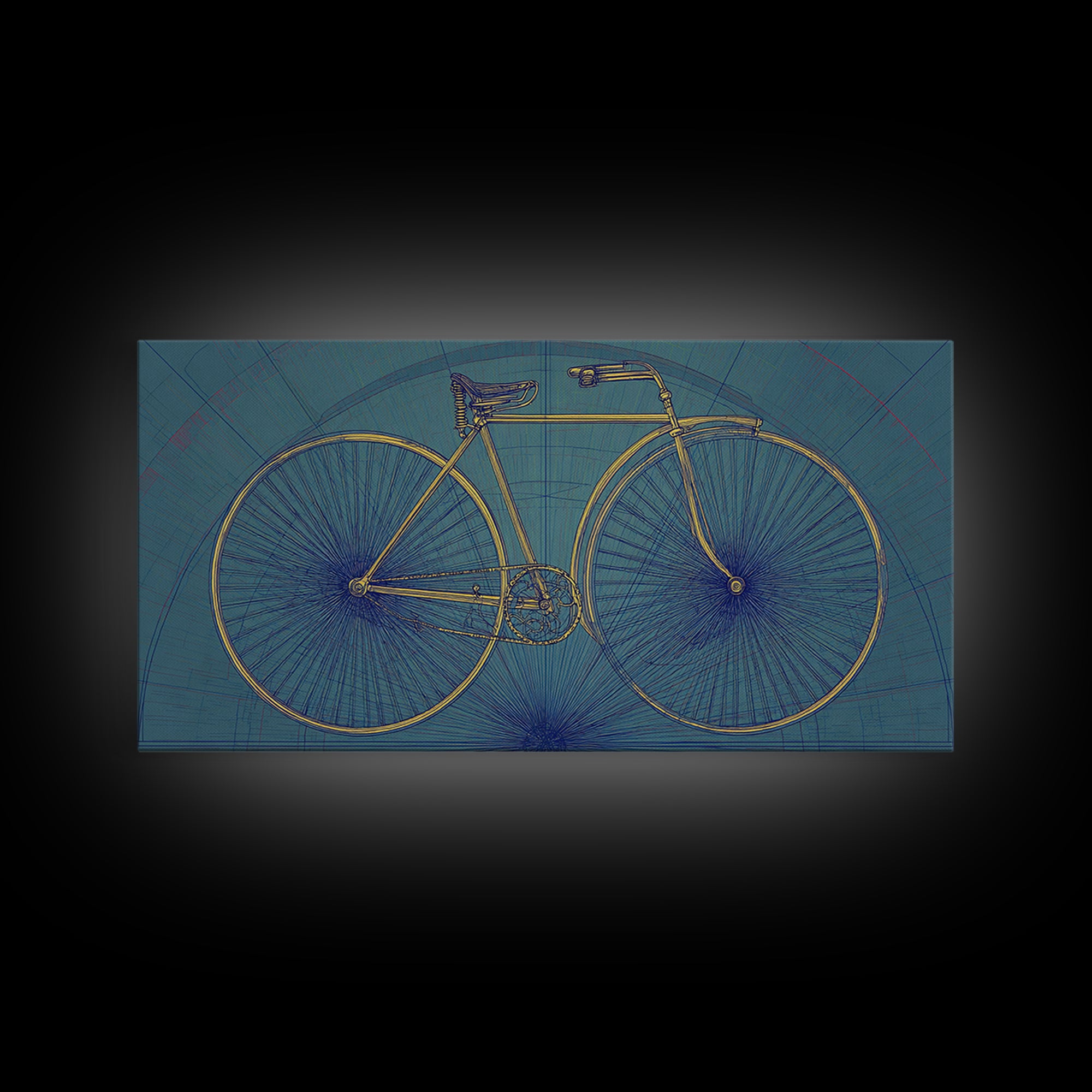 Technical Line Drawing Bicycle On Blue Framed Canvas Print, Mid Century Modern Art, Retro Cycling Poster, Home Office Decor