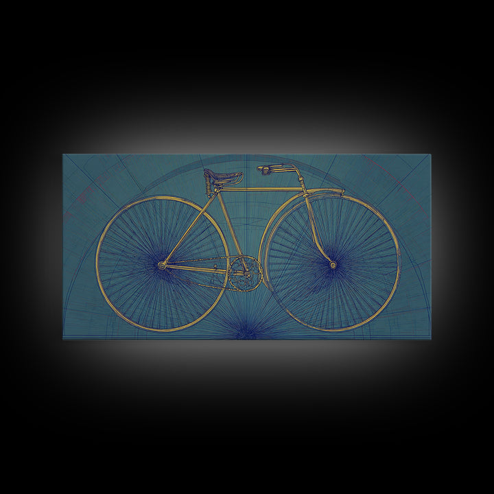Technical Line Drawing Bicycle On Blue Framed Canvas Print, Mid Century Modern Art, Retro Cycling Poster, Home Office Decor