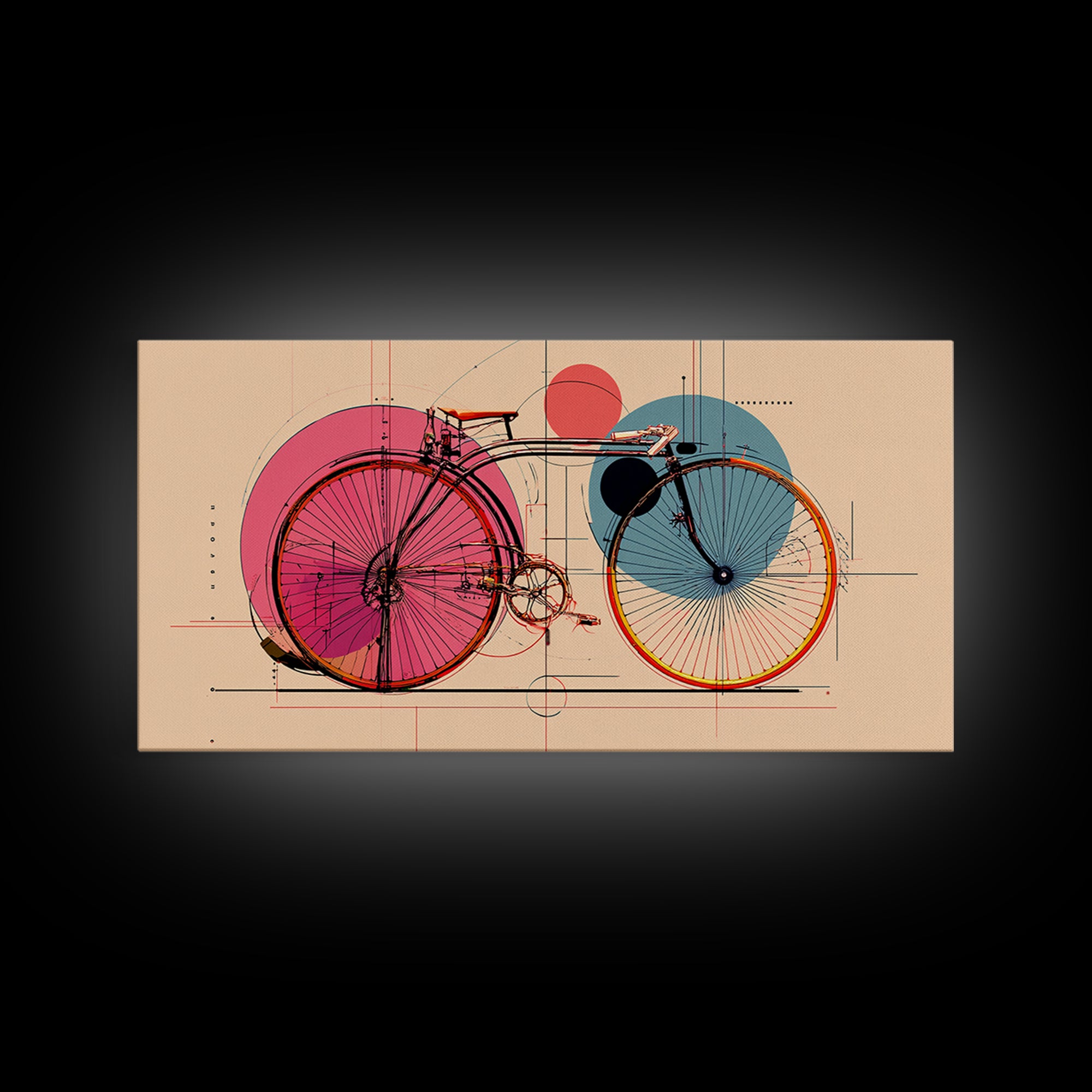 Retro Bicycle With Pink Blue Circles Canvas Print, Mid Century Modern Wall Art, Geometric Poster, Colorful Apartment Decor